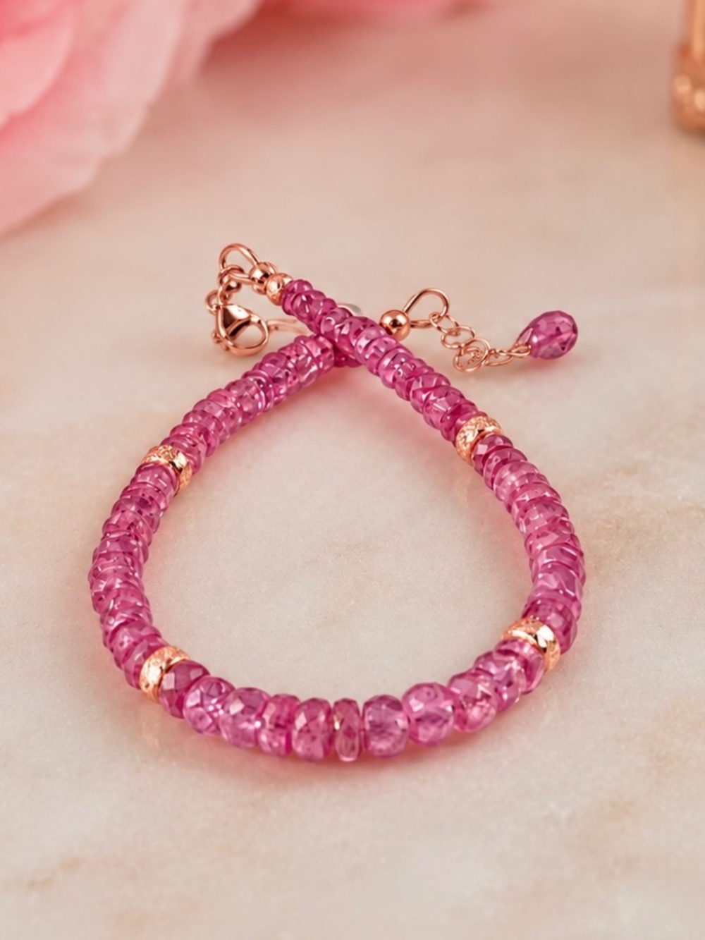 Handmade One of A Kind Pink Spinel Bracelet – 14k Rose Gold Filled 7.25" - 7.7"